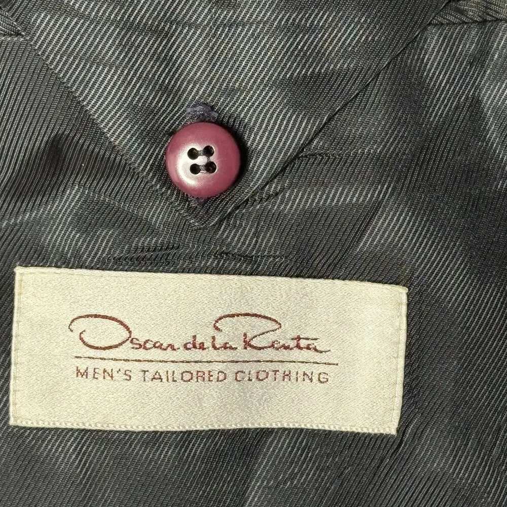 Vtg Oscar de la Renta Men’s Double Breasted Sport Coat Windowpane Navy Blue 46L